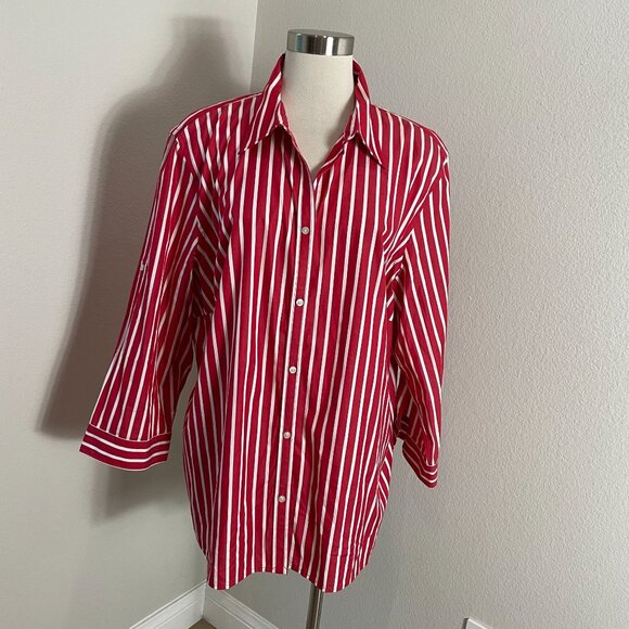 Chaps Tops - NEW Chaps Womens Plus 2X Red White Striped Button Up Shirt 2X Roll Tab Sleeve